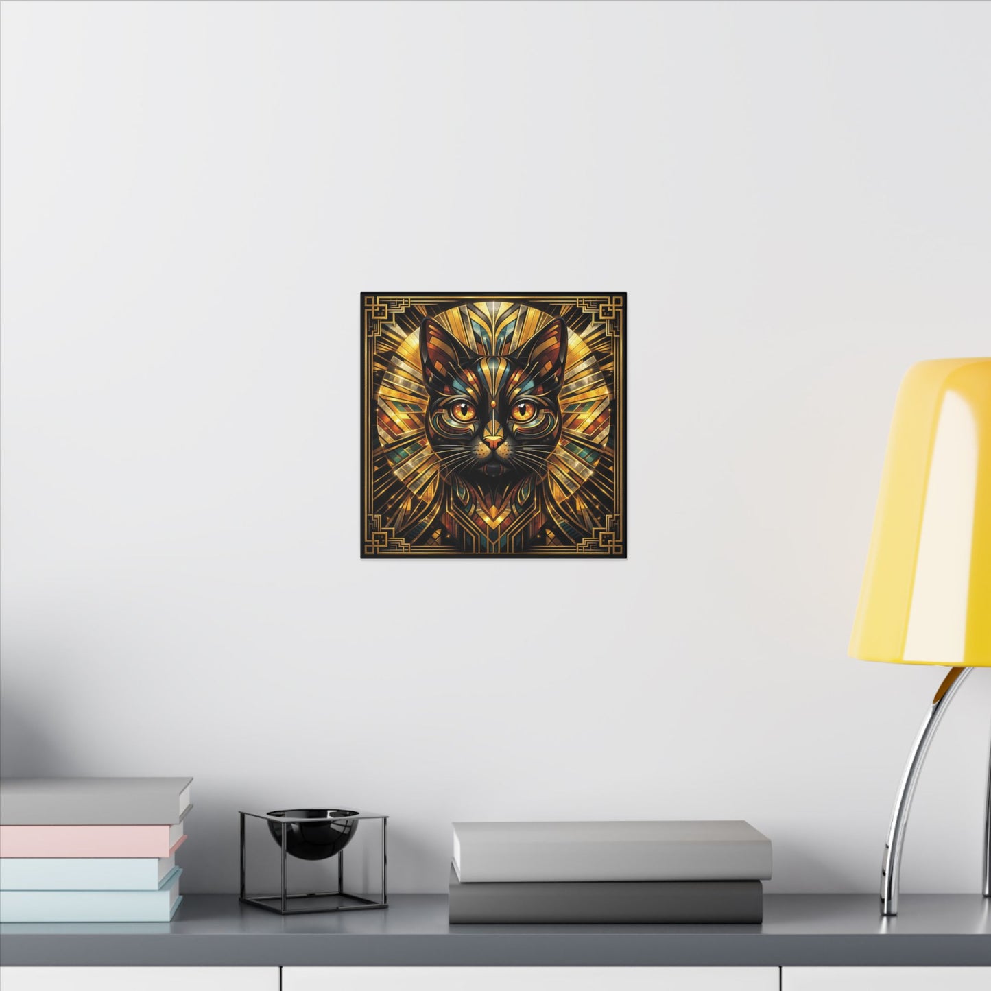 Art Deco Cat Canvas Print — Golden Geometric Feline Wall Art