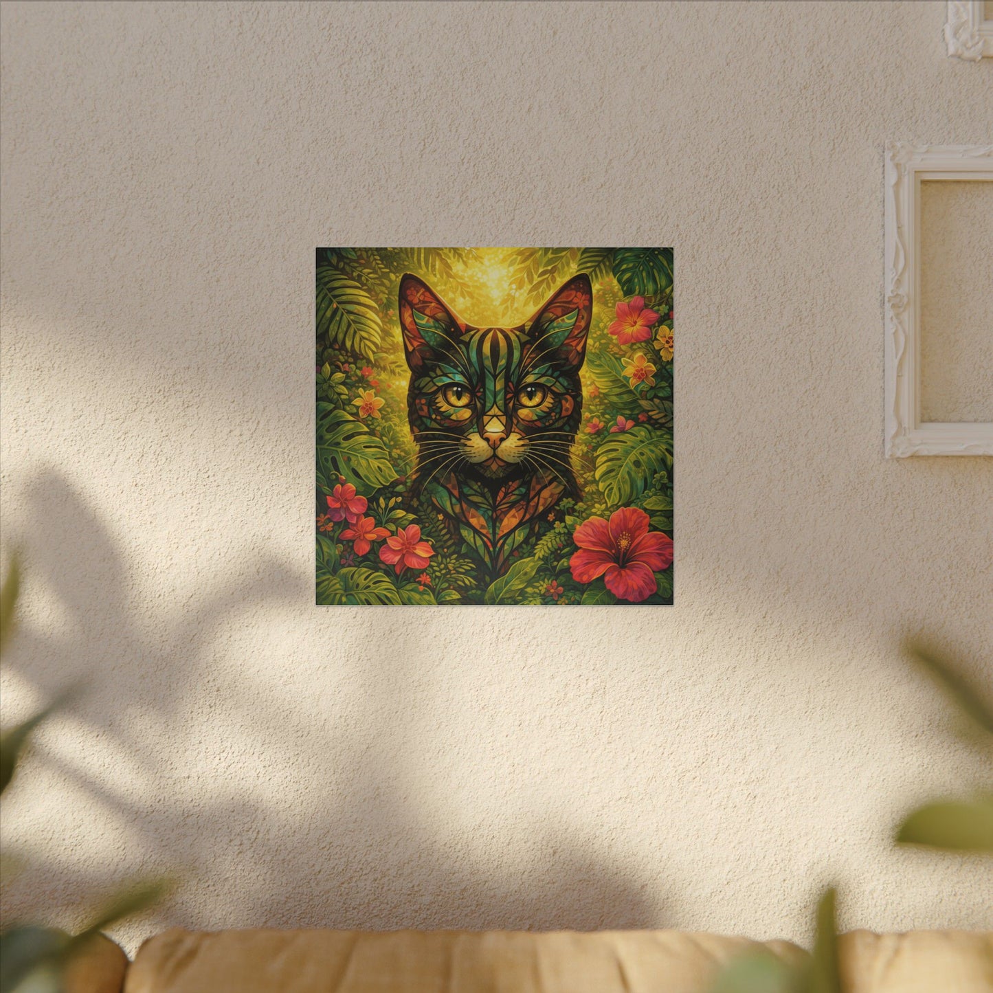 Tropical Cat Canvas Wall Art — Colorful Botanical Cat Portrait on Matte Stretched Canvas