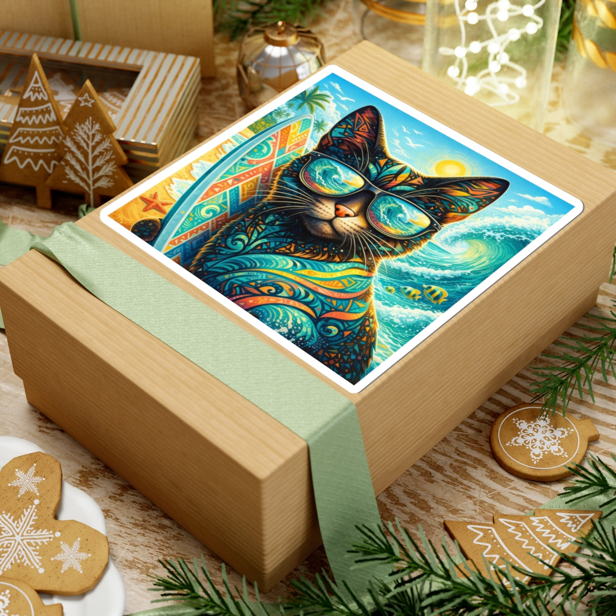 Surfing Cat Sticker — Colorful Tropical Beach Cat Kiss-Cut Sticker
