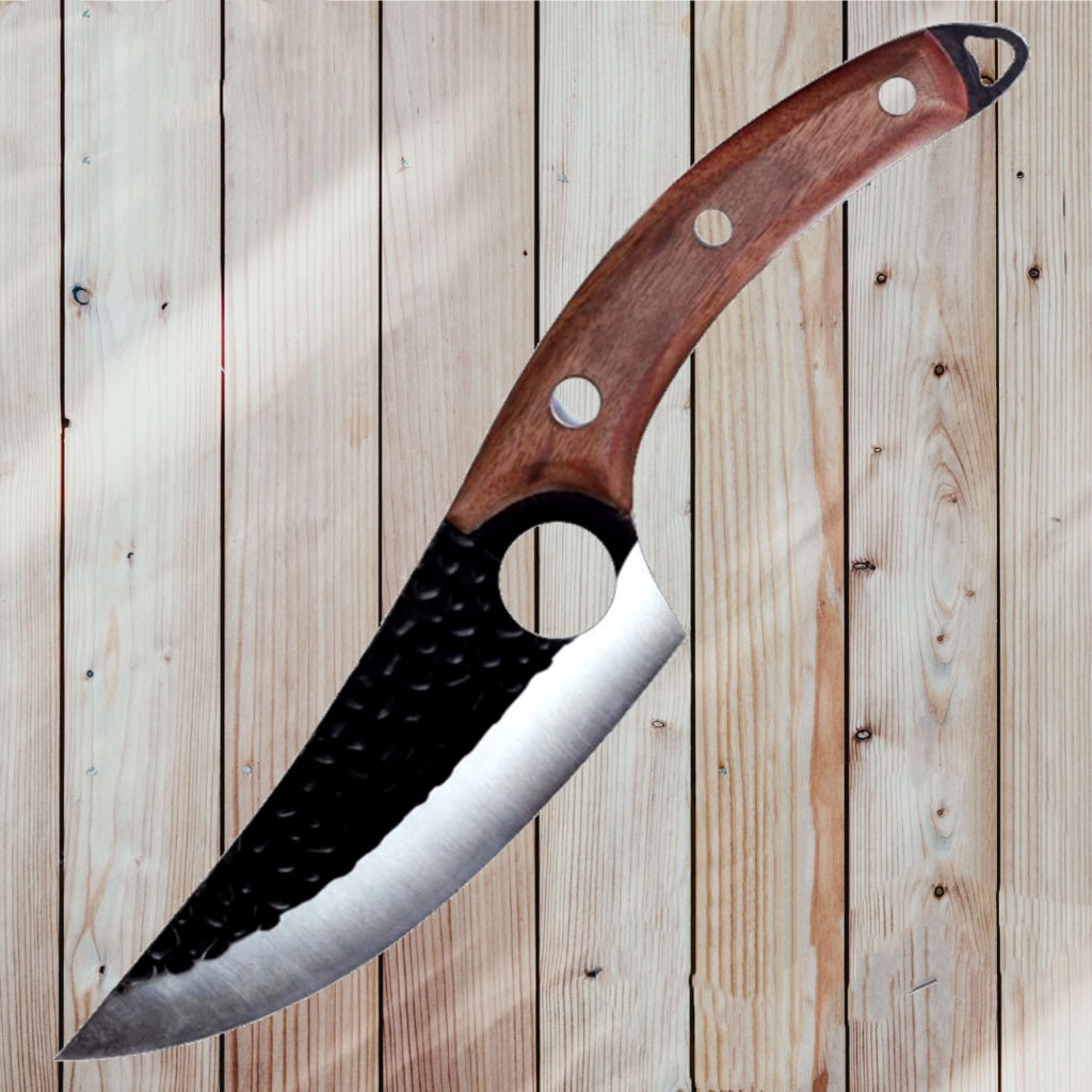 Scimitar-style knife with brown wood handle, black textured grip, and silver blade