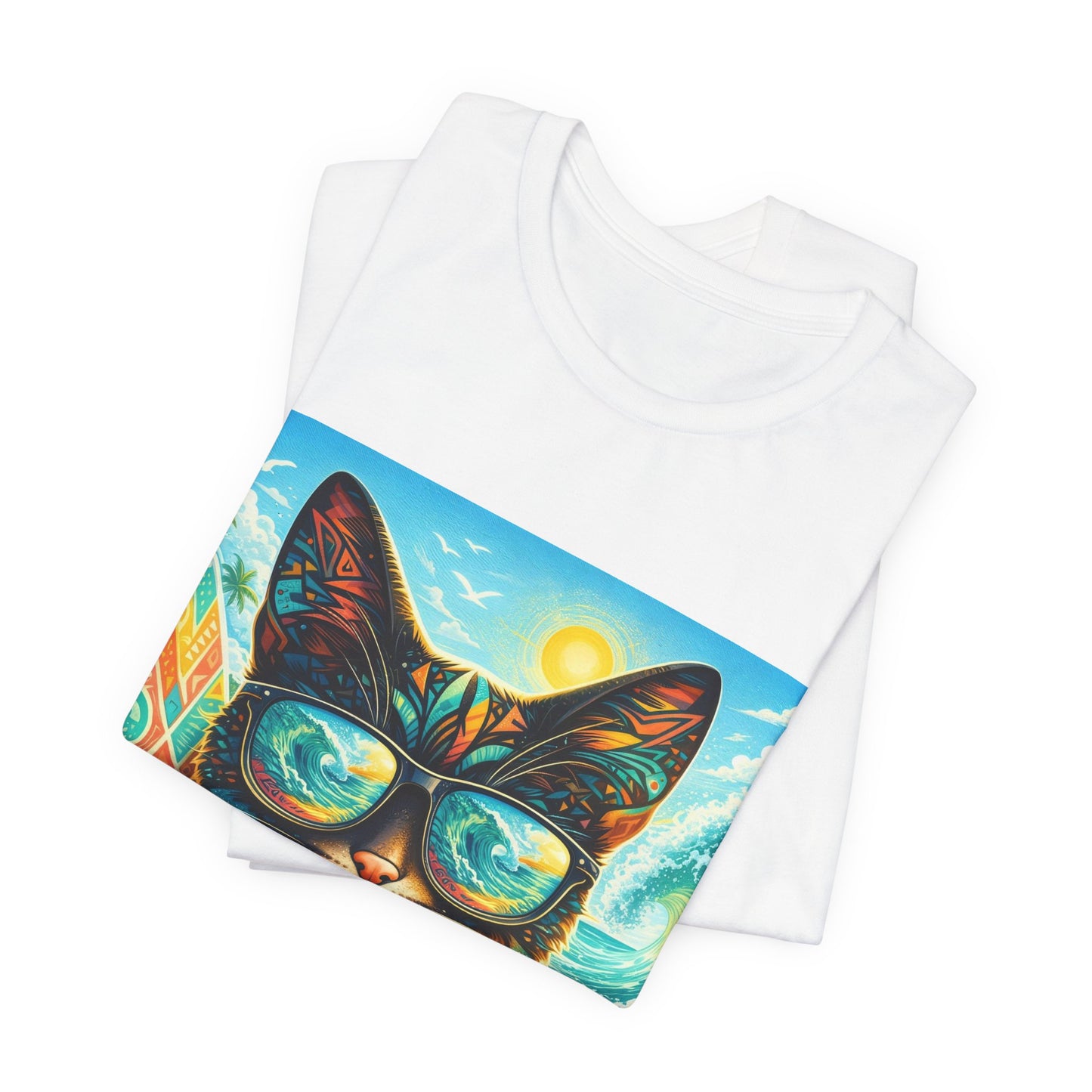 Surf Cat T-Shirt — Retro Tropical Cat with Sunglasses & Surfboard