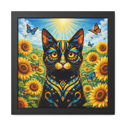 Sunflower Cat Framed Poster — Vibrant Stained-Glass Cat Art Print