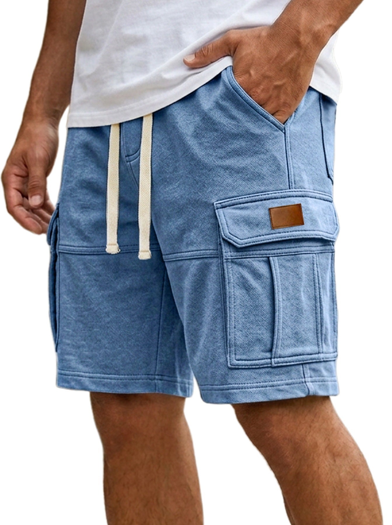 Light blue men’s cargo shorts with flap side pocket and adjustable drawstring waist