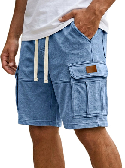 Light blue men’s cargo shorts with flap side pocket and adjustable drawstring waist