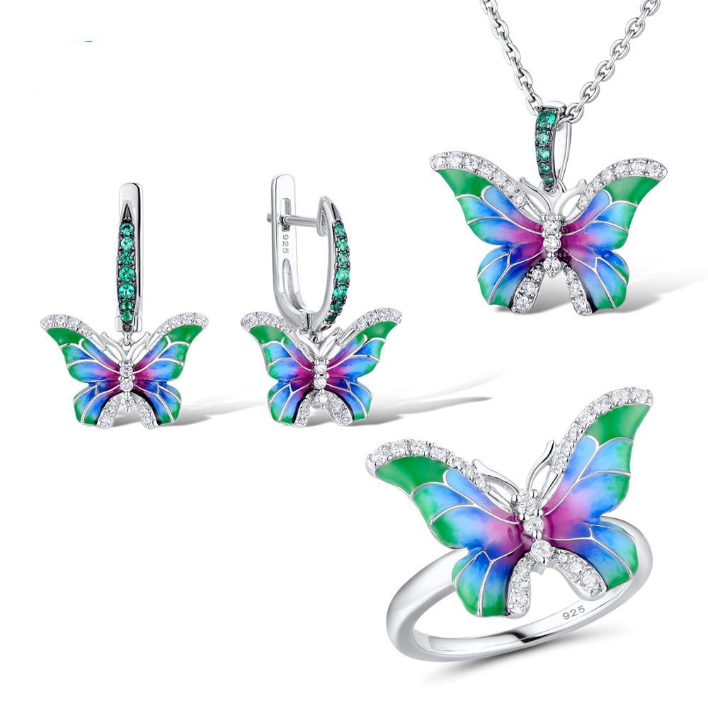 Butterfly enamel jewelry set with hoop earrings and pendant, colorful enamel wings