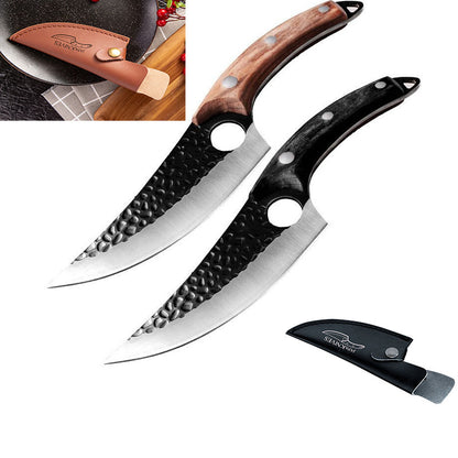 Boning and scimitar knife set with black handles and black leather sheath