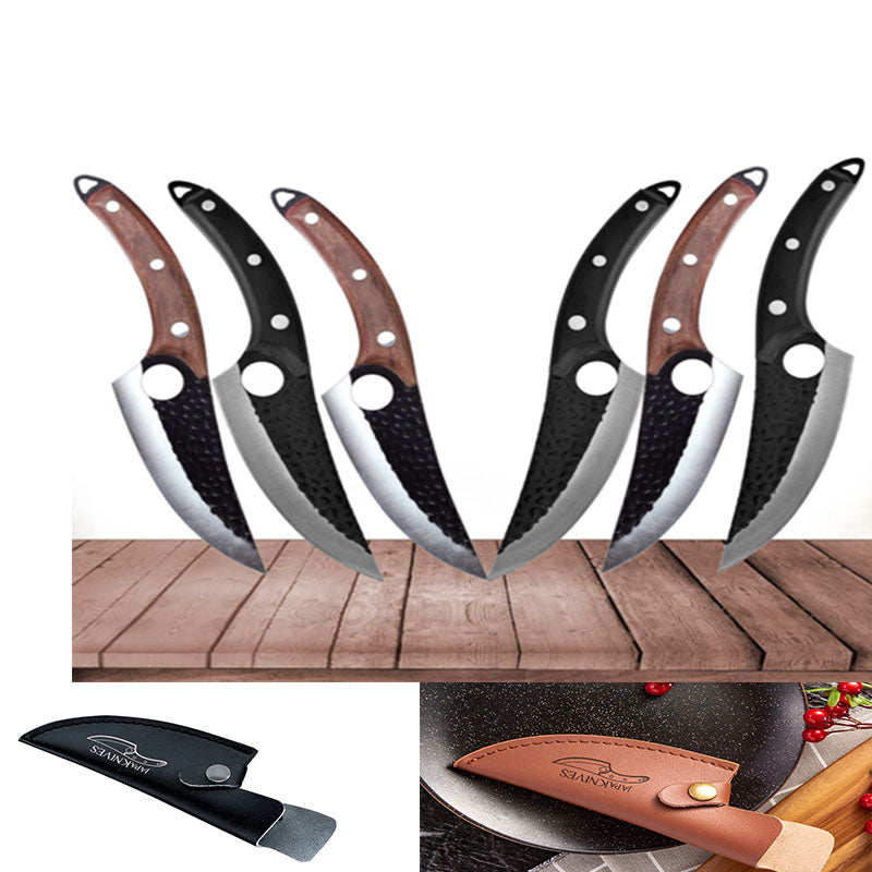 Boning and scimitar knives with black and brown handles, shown with black sheath