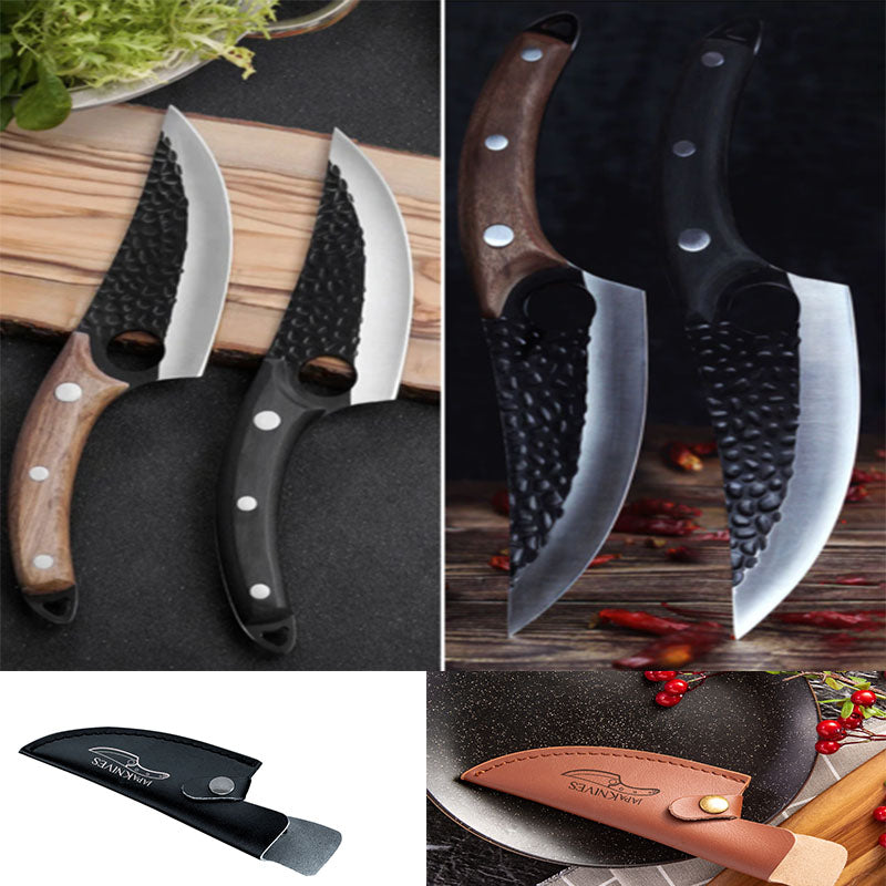 Boning and scimitar knives with dark handles and textured grips, with black leather sheath