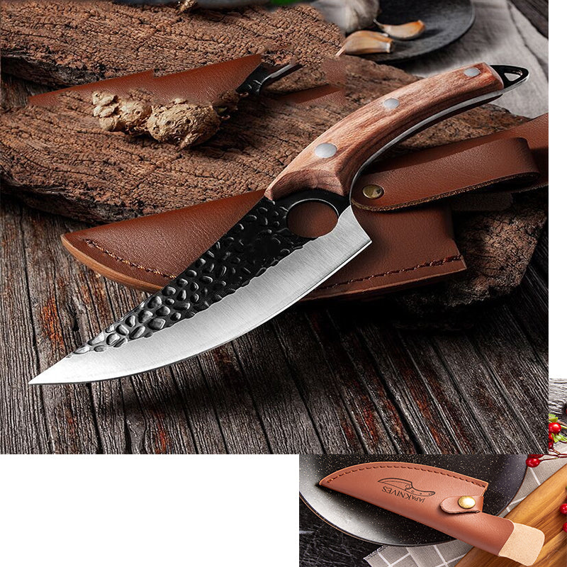 Boning and scimitar knife with brown handle and brown leather sheath, textured grip