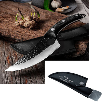 Boning and scimitar knives with black textured handles and black leather sheath