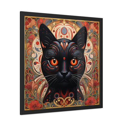 Black Cat Art Print — Framed Poster with Ornate Floral Mandala Design