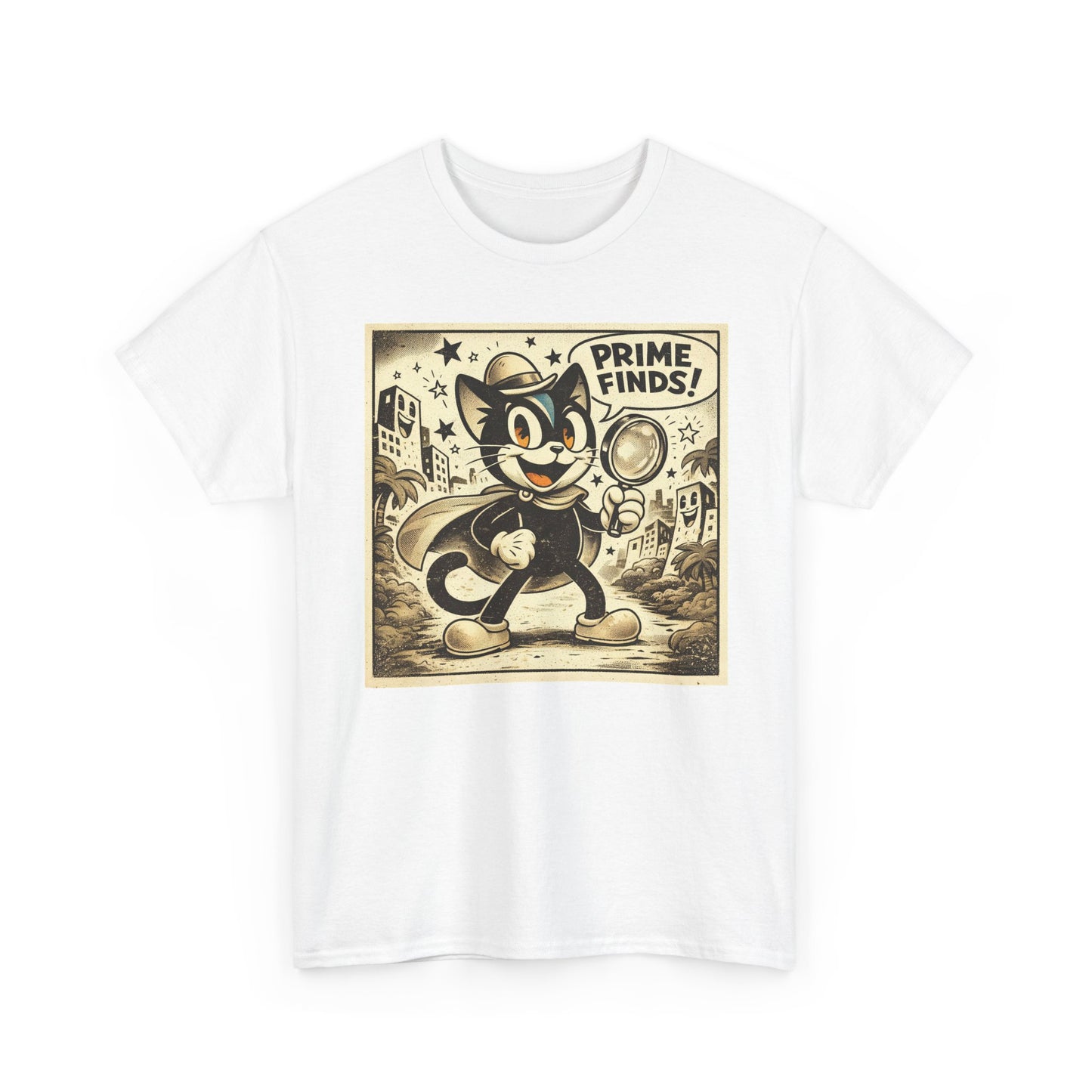 White vintage graphic detective cat T-shirt with retro cartoon front print