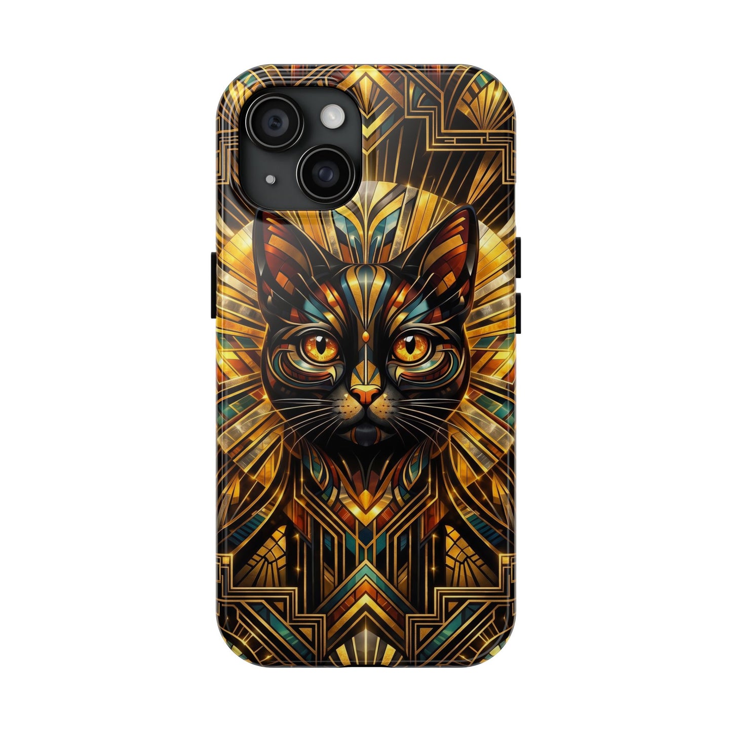 Art Deco Cat Tough Phone Case — Golden Geometric Protective Cover