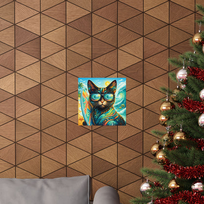 Surf Cat Poster — Colorful Tropical Cat with Sunglasses Matte Vertical Art