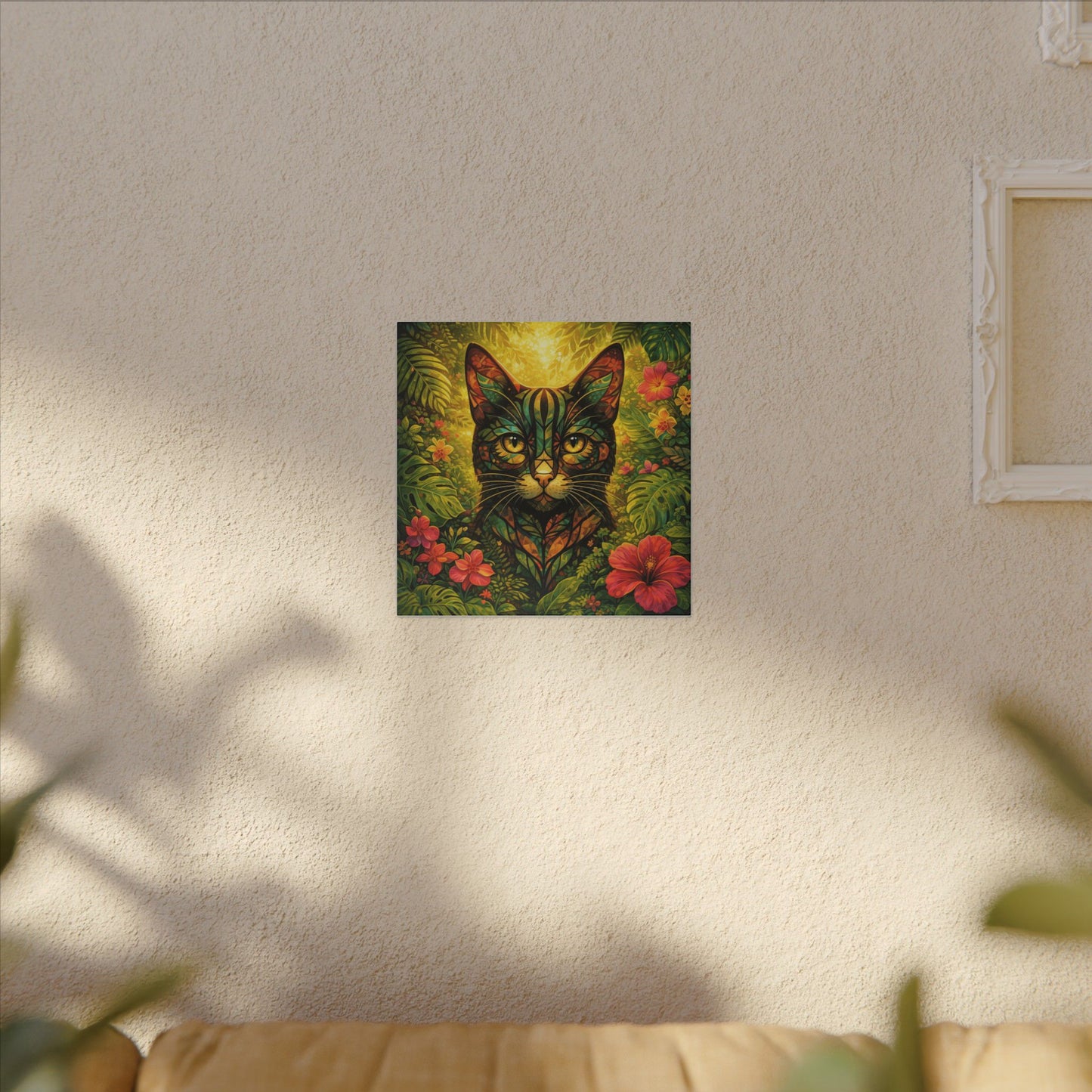 Tropical Cat Canvas Wall Art — Colorful Botanical Cat Portrait on Matte Stretched Canvas