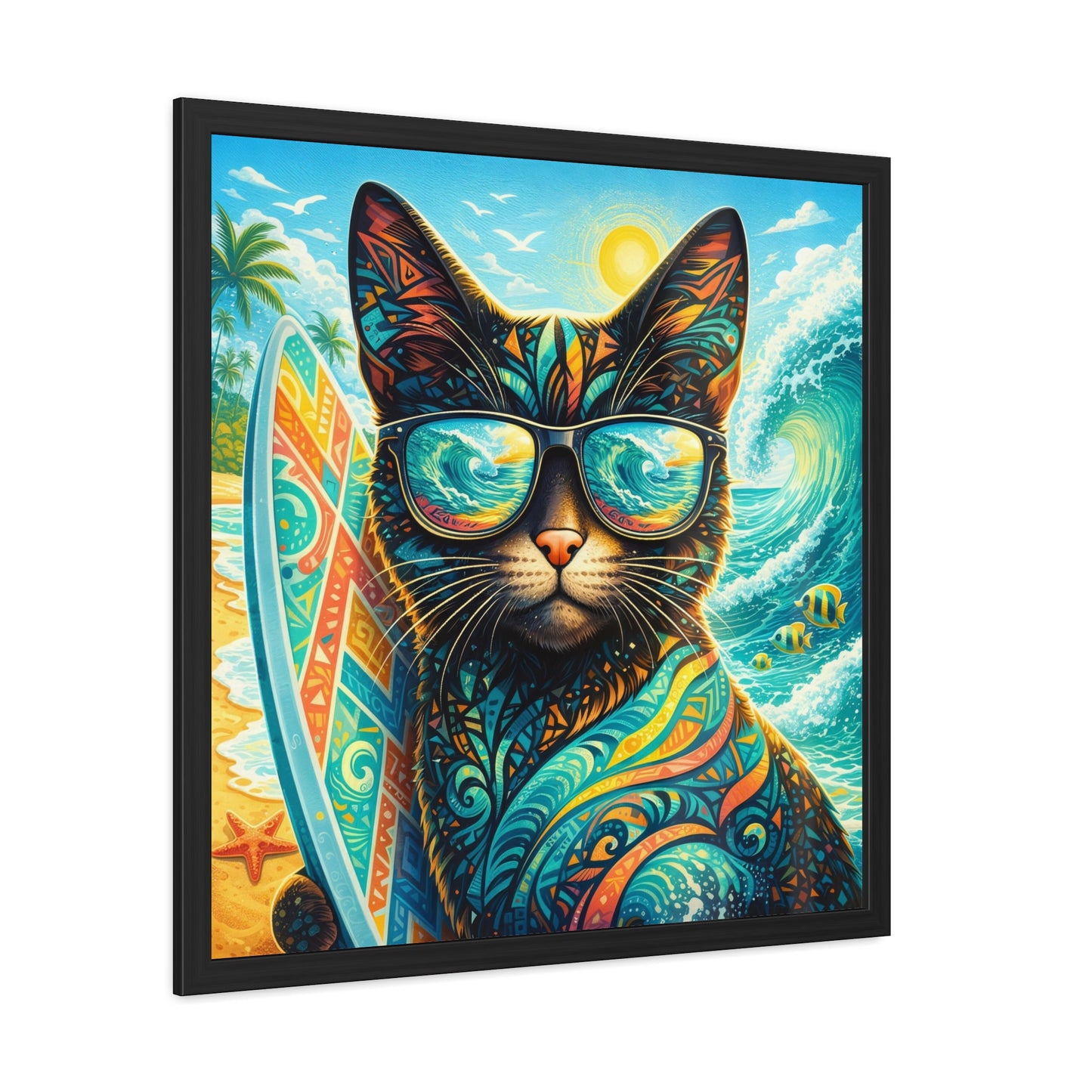 Surfing Cat Framed Poster — Colorful Tropical Cat with Sunglasses Art