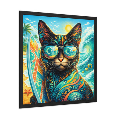 Surfing Cat Framed Poster — Colorful Tropical Cat with Sunglasses Art