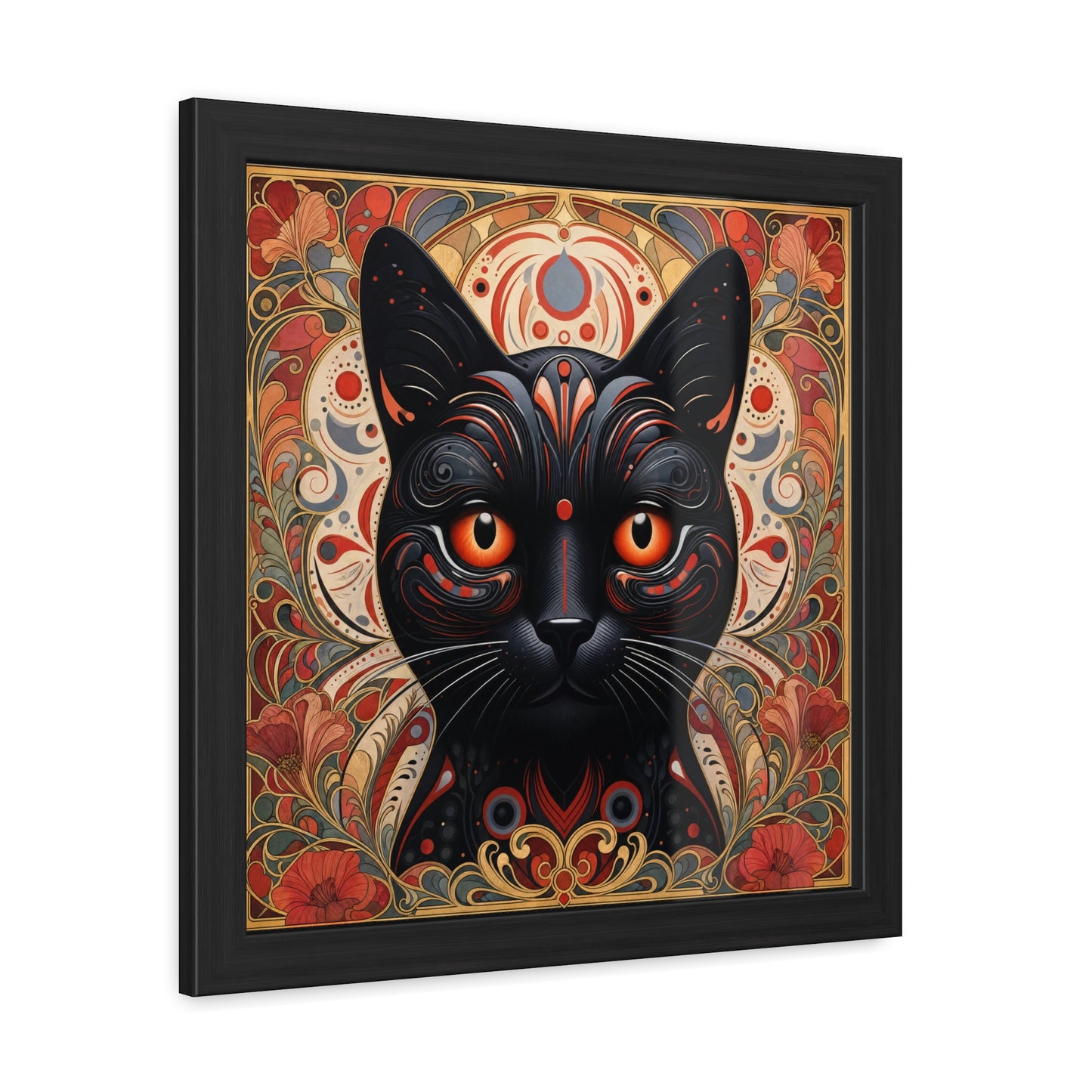 Black Cat Art Print — Framed Poster with Ornate Floral Mandala Design