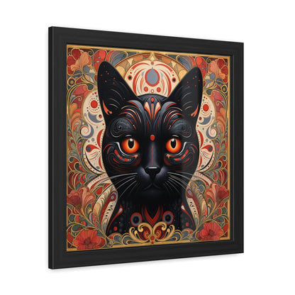 Black Cat Art Print — Framed Poster with Ornate Floral Mandala Design