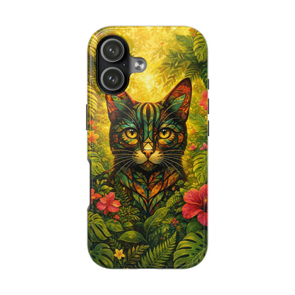 Tough phone case with jungle cat portrait and tropical leaves pattern