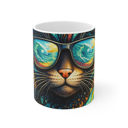 Cat with Sunglasses Wave Reflection Mug — Colorful Surf Vibes 11oz
