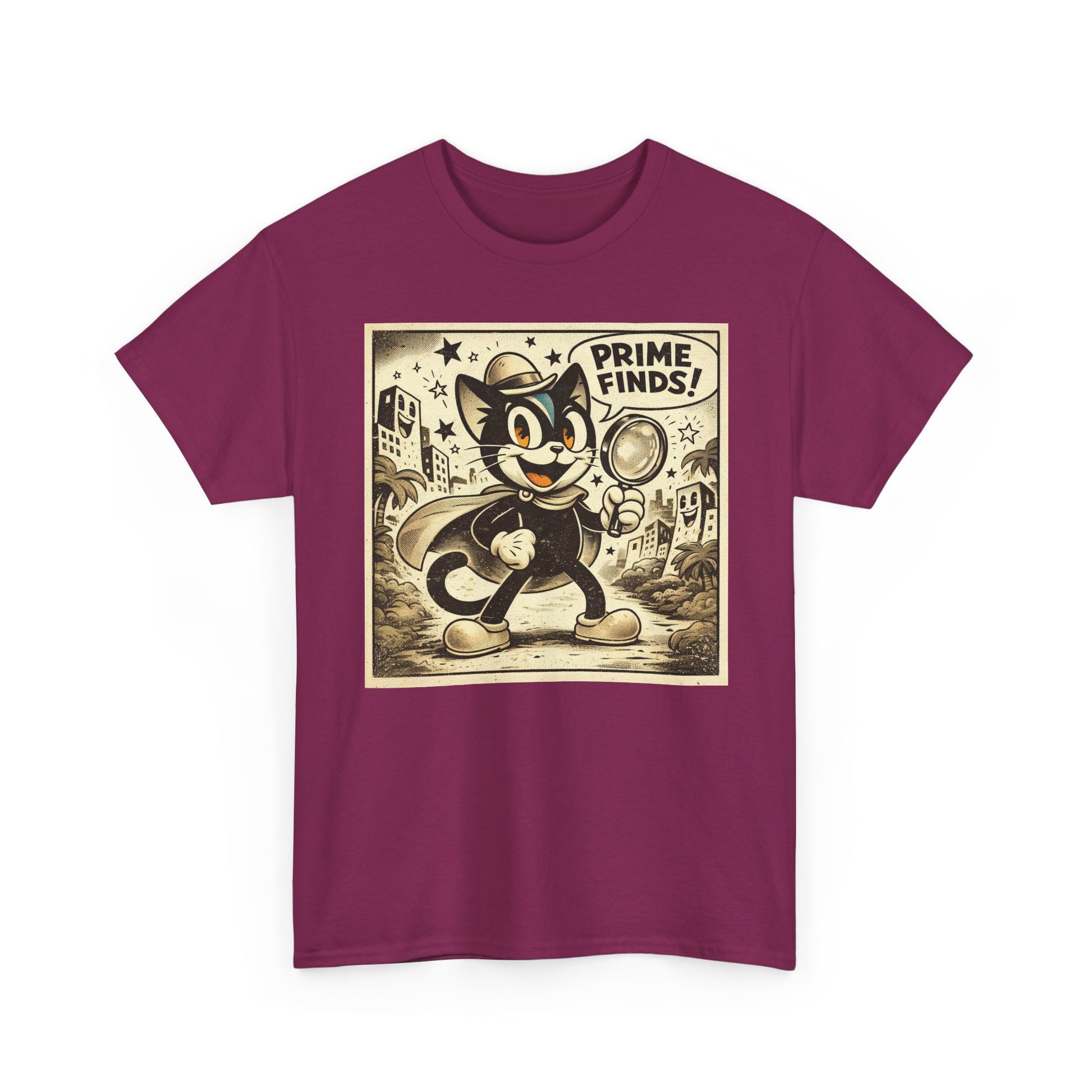 Maroon vintage detective cat t-shirt with retro cartoon print on the chest