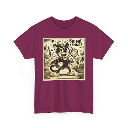 Maroon vintage detective cat t-shirt with retro cartoon print on the chest