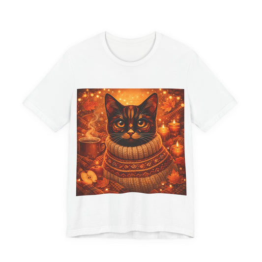 White cat graphic t-shirt with sweater-wearing kitty print on the front