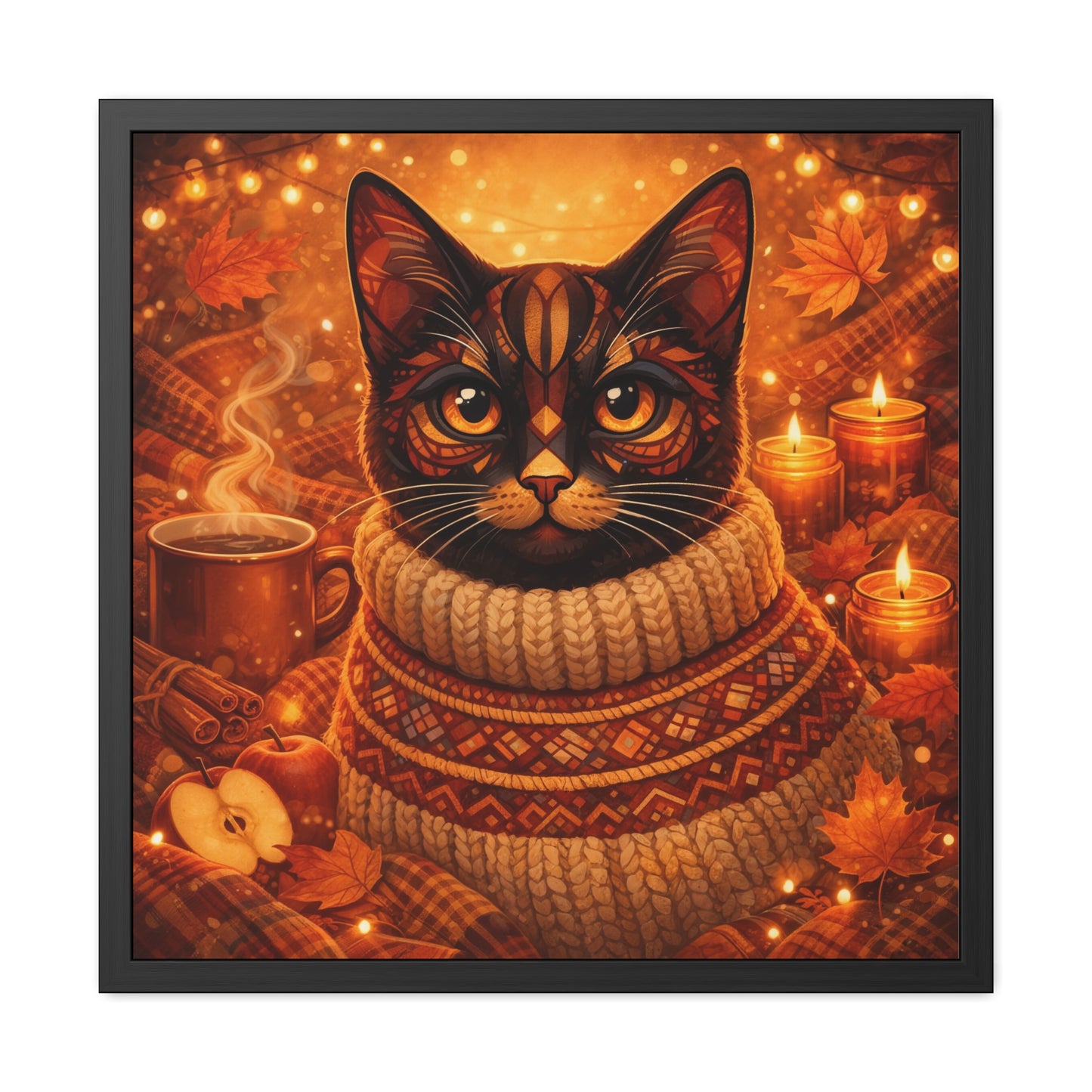Autumn Cozy Cat Framed Poster — Sweater Cat Wall Art for Fall Decor