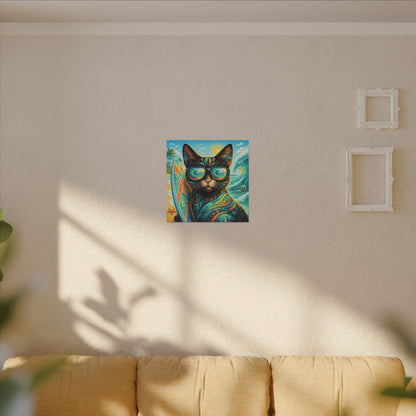 Surf Cat Canvas Wall Art — Colorful Tropical Cat with Sunglasses