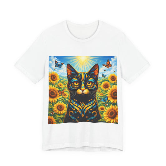 White cat T-shirt with vibrant sunflower floral cat graphic on the front