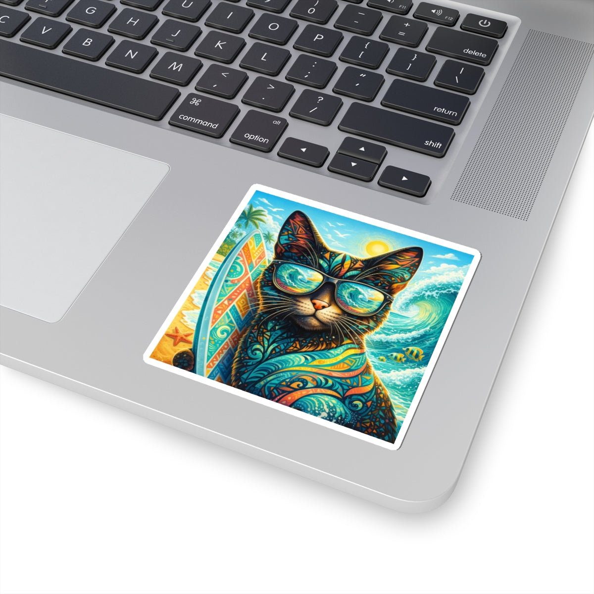 Surfing Cat Sticker — Colorful Tropical Beach Cat Kiss-Cut Sticker