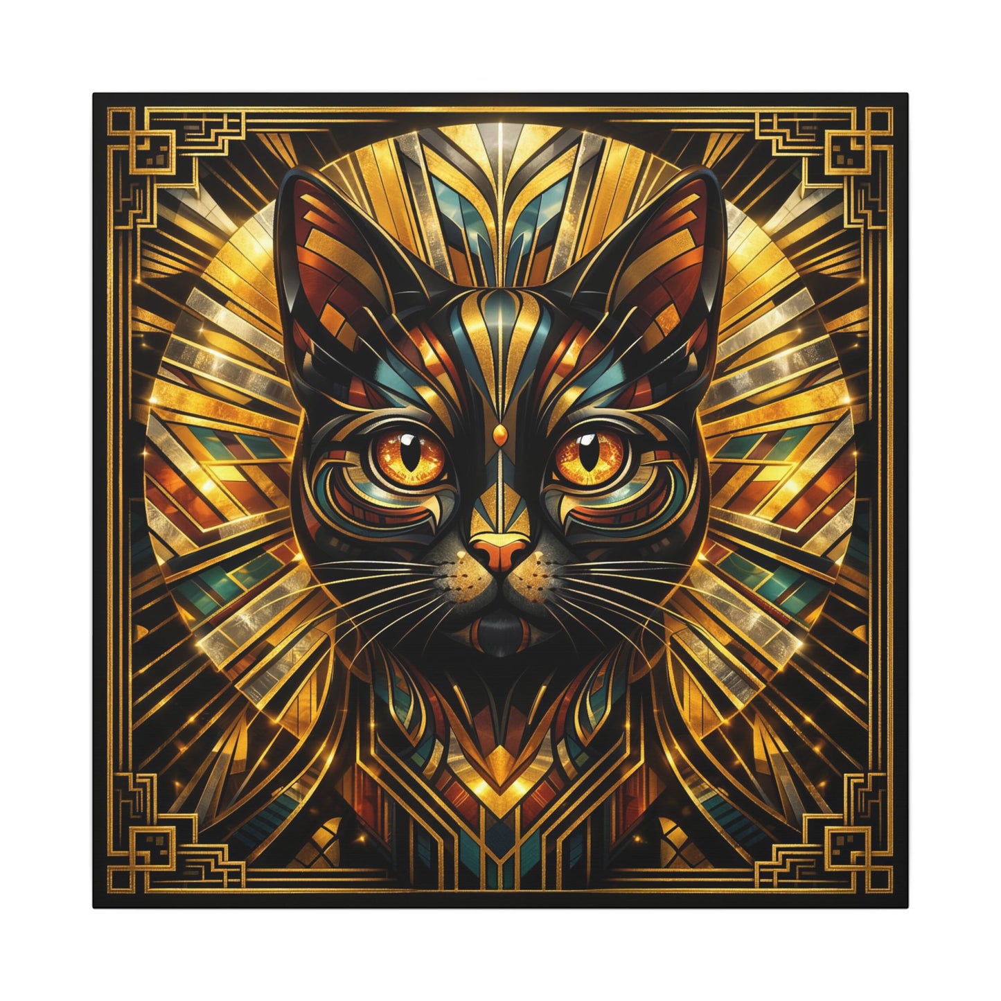 Art Deco Cat Canvas Print — Golden Geometric Feline Wall Art