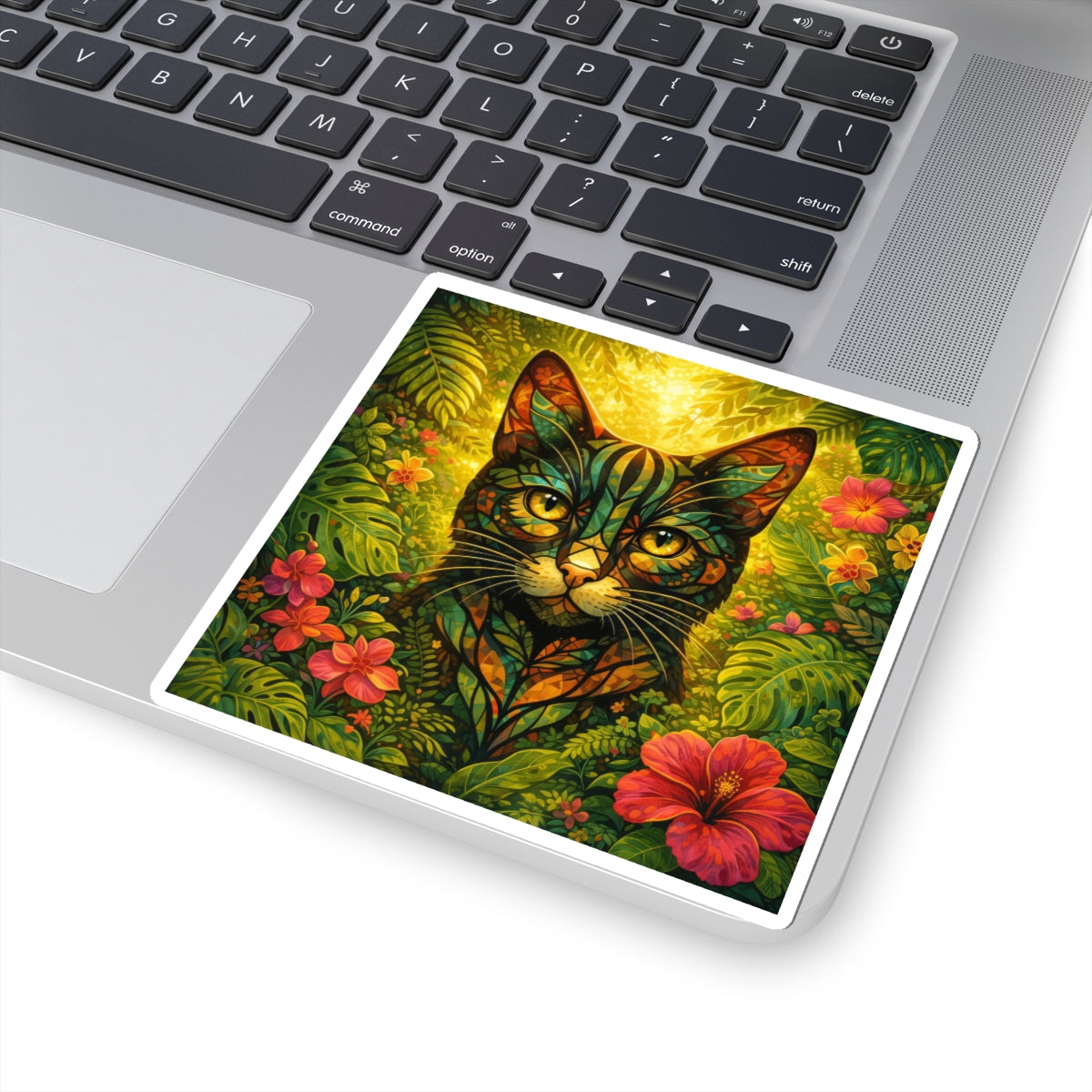 Tropical Cat Sticker — Colorful Botanical Kiss-Cut Decal for Laptops & Water Bottles