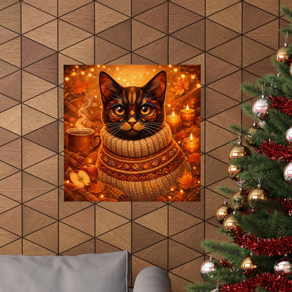 Autumn Cozy Cat Poster — Matte Vertical Fall Wall Art
