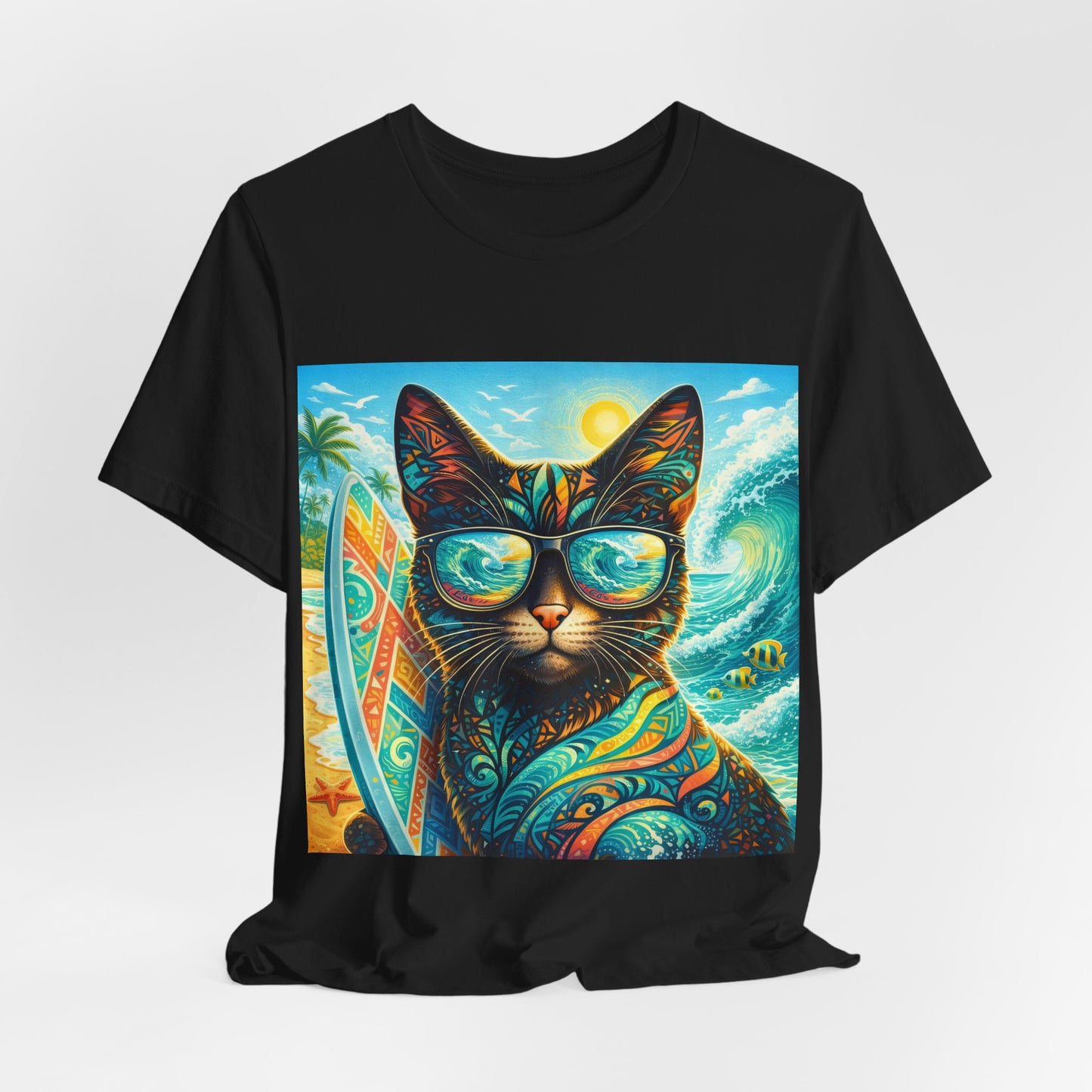 Surf Cat T-Shirt — Retro Tropical Cat with Sunglasses & Surfboard