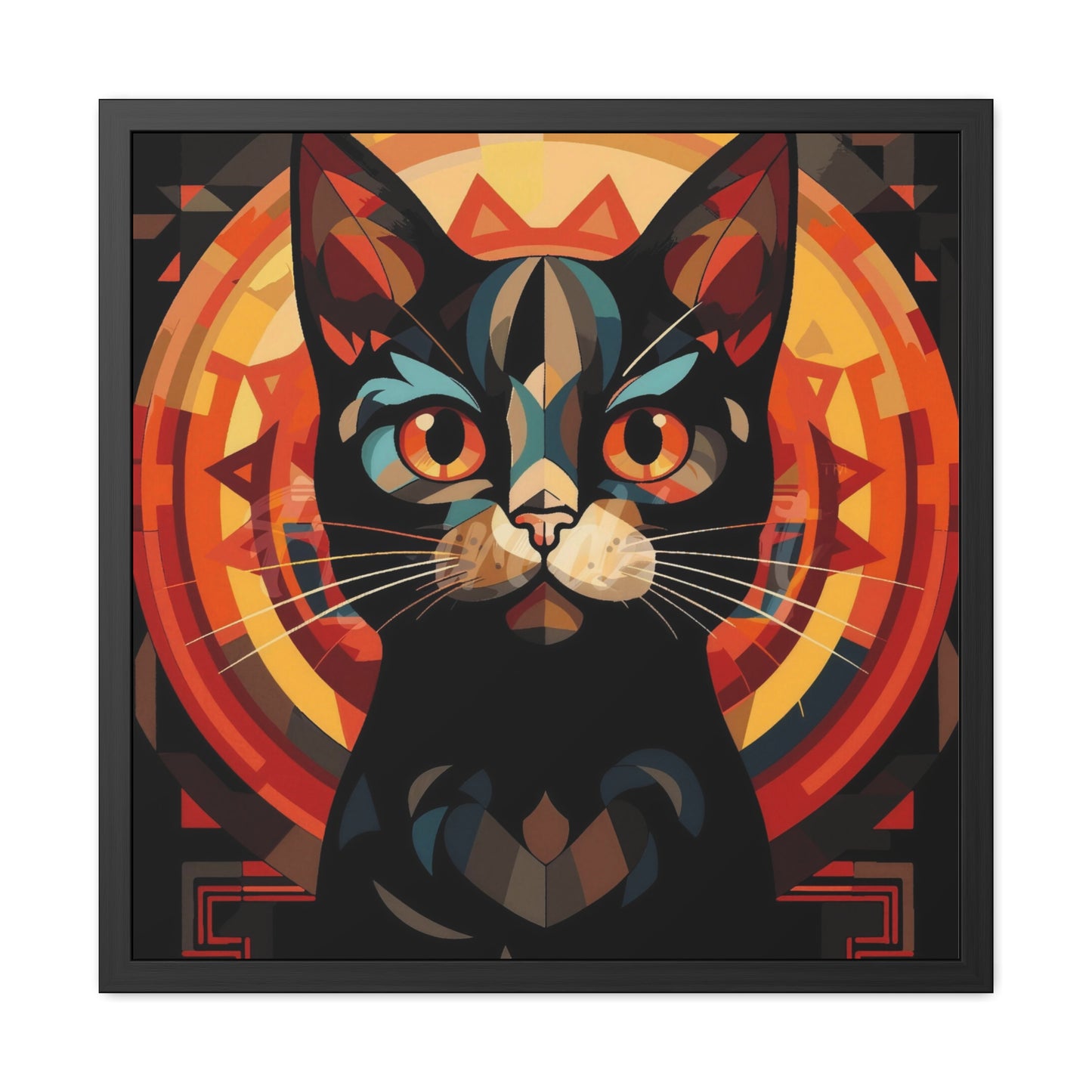 Framed Poster — Stylized Black Cat Art Print (Geometric Sun Halo)