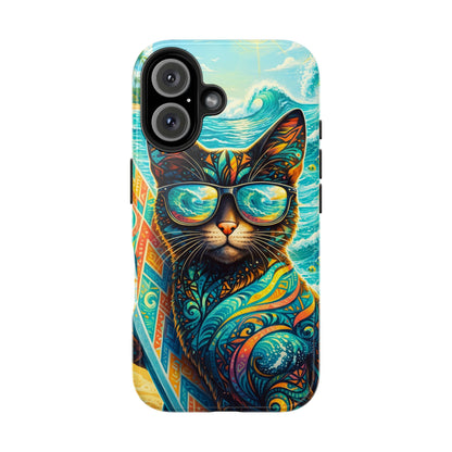 Colorful Surf Cat Tough Phone Case — Sunglasses Beach Vibe