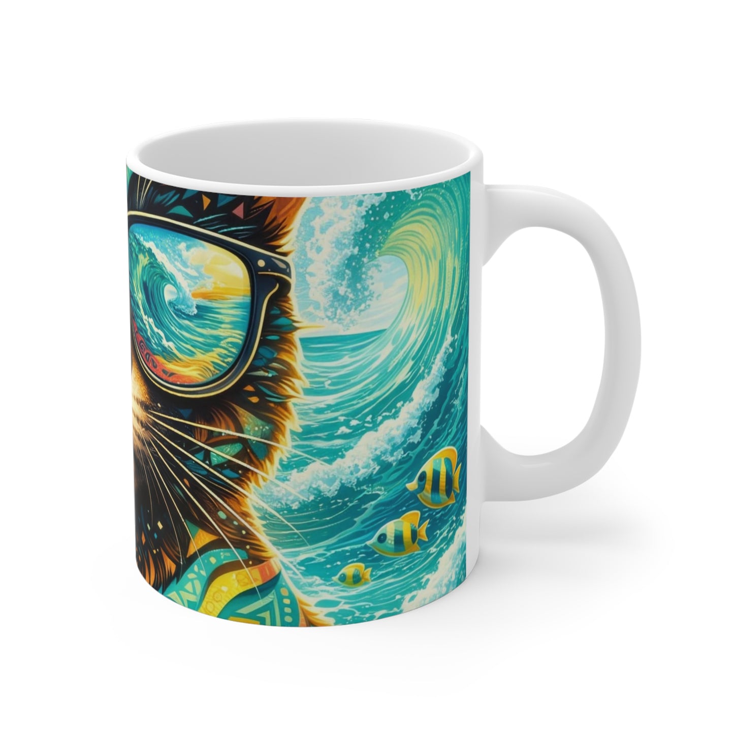 Cat with Sunglasses Wave Reflection Mug — Colorful Surf Vibes 11oz