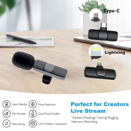 Wireless lavalier microphone kit with foam windscreen mic and receiver pod