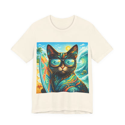 Surf Cat T-Shirt — Retro Tropical Cat with Sunglasses & Surfboard