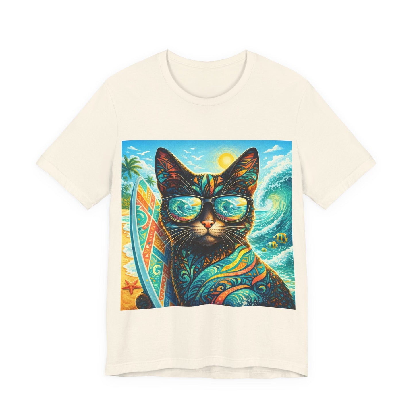 Cream T-shirt with colorful cat wearing sunglasses and surf graphic on front