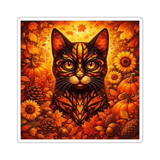 Square kiss-cut sticker with black cat portrait framed by pumpkins, sunflowers, and fall leaves