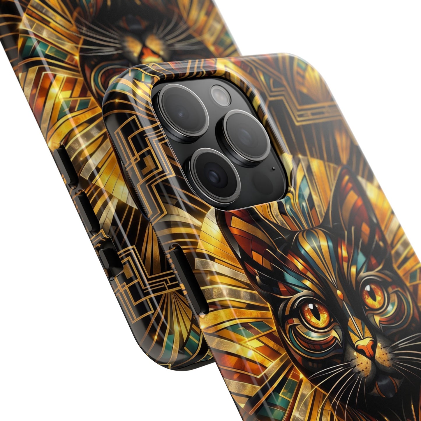 Art Deco Cat Tough Phone Case — Golden Geometric Protective Cover