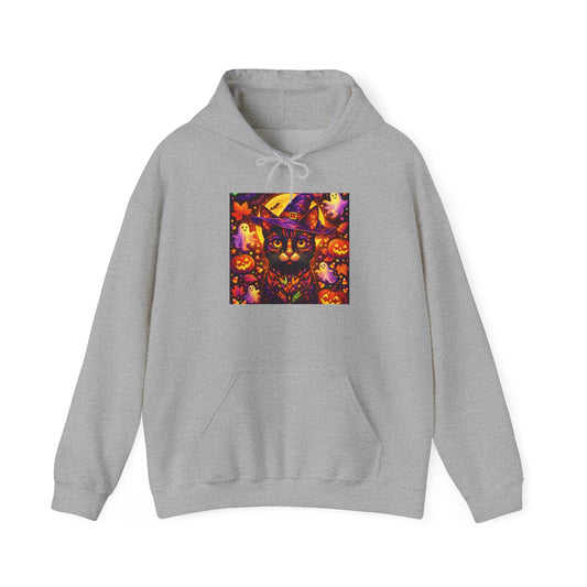Light gray hoodie with hood drawstring, pouch pocket, and pumpkin cat graphic