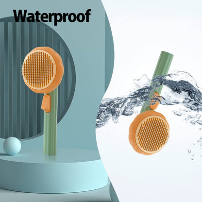 Waterproof pet grooming brush with orange circular head and green handle