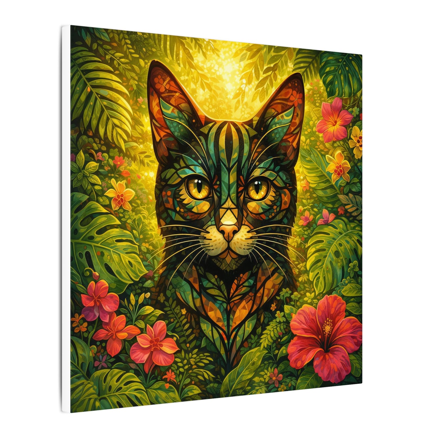 Tropical Cat Canvas Wall Art — Colorful Botanical Cat Portrait on Matte Stretched Canvas