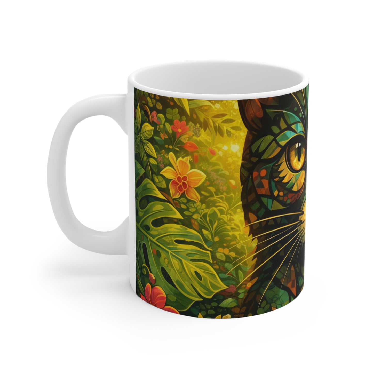 11oz Ceramic Mug - Stained Glass Jungle Cat Design (Colorful Cat Art)