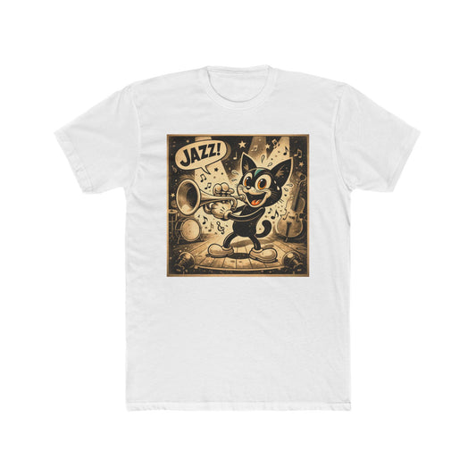 White crew-neck T-shirt with vintage jazz cat cartoon graphic on the front