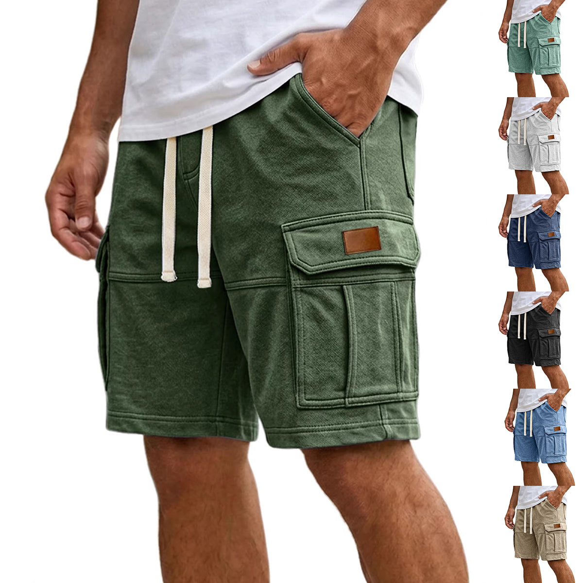 Dark green men’s cargo shorts with flap side pocket and adjustable drawstring waist